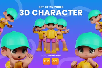 녹색 모자와 보라색 바지를 입은 소년 3D Illustration 팩