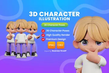 금발 머리와 보라색 바지를 입은 소년 3D Illustration 팩