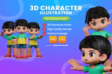 검은 머리와 녹색 셔츠를 입은 만화 소년 3D Illustration 팩