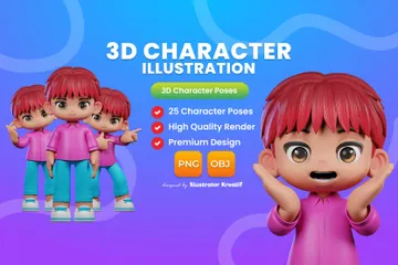 빨간 머리와 파란 바지를 입은 어린 소년 3D Illustration 팩