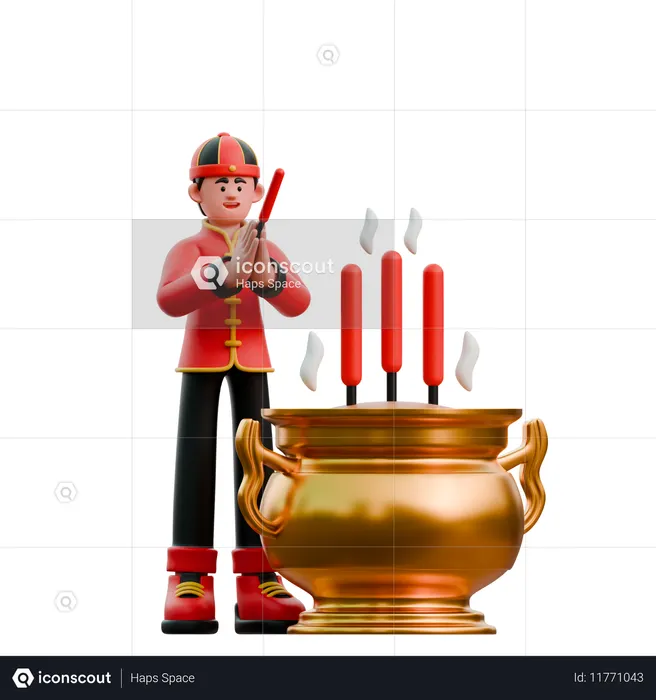 Homem chinês fazendo oração com pote de incenso  3D Illustration