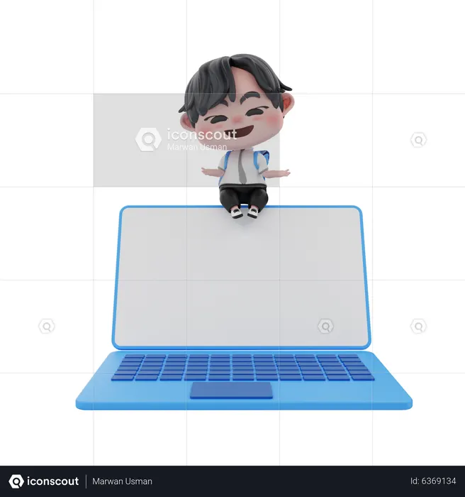 Menino mostrando a tela do laptop em branco  3D Illustration