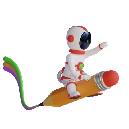 Astronaut fliegt mit Bleistiftrakete  3D Illustration