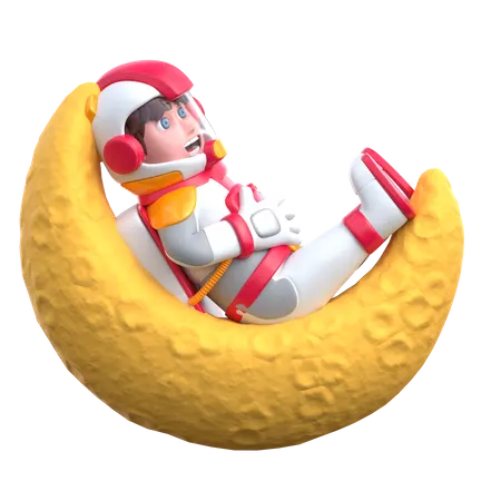 Astronauta de desenho animado na lua crescente  3D Illustration