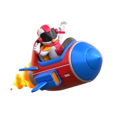 Astronauta andando de foguete com os braços levantados  3D Illustration