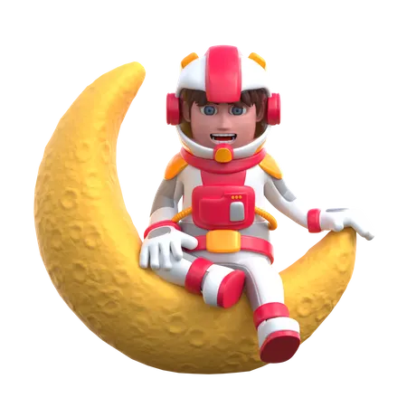 Astronauta sentado relaxado na lua crescente  3D Illustration