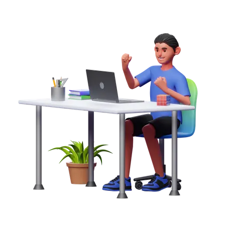 Boy Celebrating Work Success  3D Illustration
