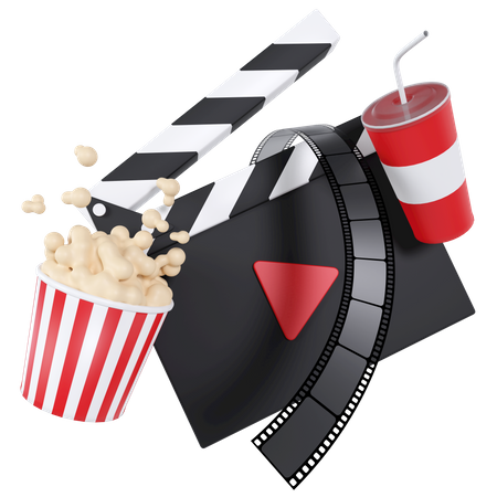 Claquete com tira de filme e pipoca  3D Illustration