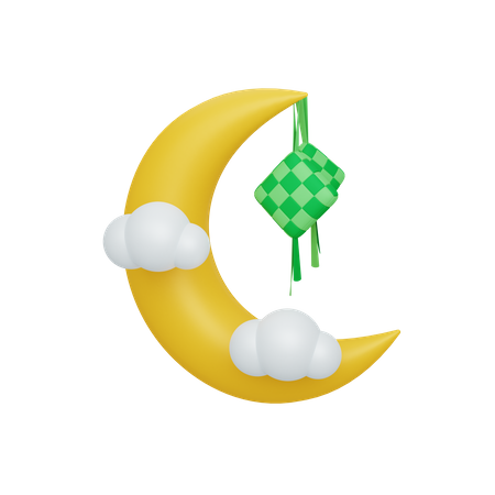 Crescent moon and ketupat with cloud  3D Illustration