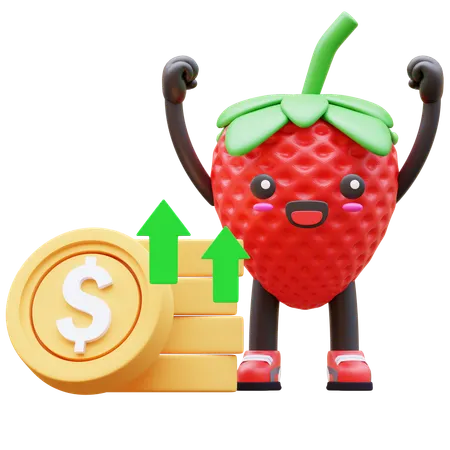 Cute Strawberry Celebrating Rising Money  3D Illustration