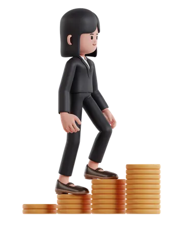 Empresária subindo no gráfico de moedas de dólar  3D Illustration
