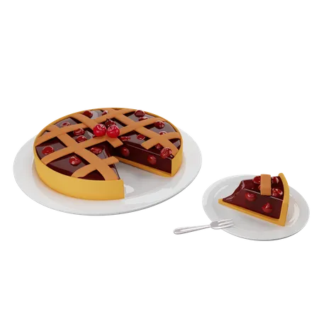 Fatia de torta de cereja com crosta treliçada servida em pires  3D Illustration