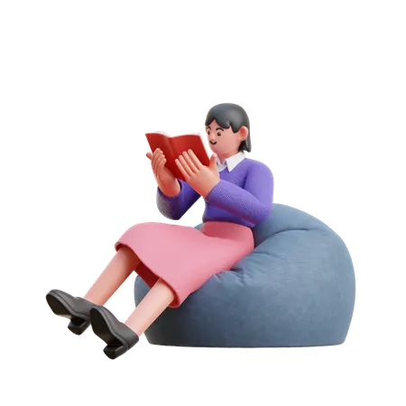 Female Reading A Book While Sitting On Bean Bag  3D Illustration