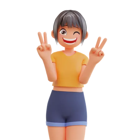 Garota mostra gesto de sinal de paz rindo com pose sorridente  3D Illustration