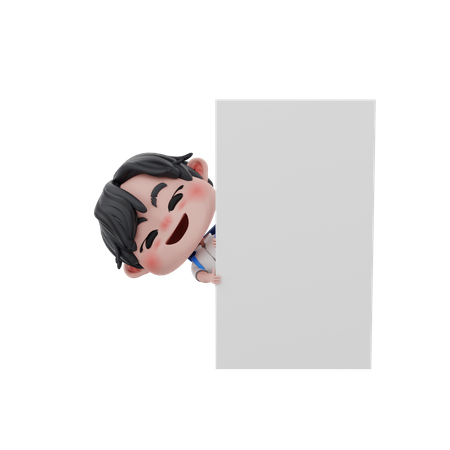 Menino se esgueirando por trás de um quadro em branco  3D Illustration