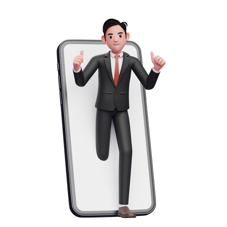 Ein Geschäftsmann im schwarzen Anzug erscheint auf dem Telefonbildschirm und zeigt den Daumen nach oben  3D Illustration