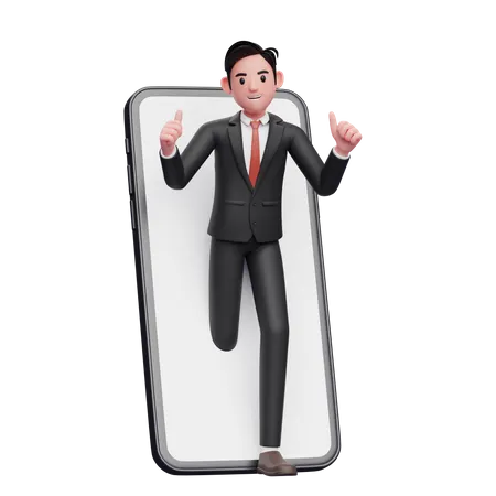 Ein Geschäftsmann im schwarzen Anzug erscheint auf dem Telefonbildschirm und zeigt den Daumen nach oben  3D Illustration