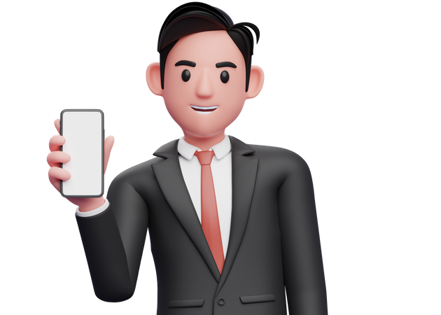 Geschäftsmann im schwarzen Anzug hält Telefon, während er den Körper neigt  3D Illustration
