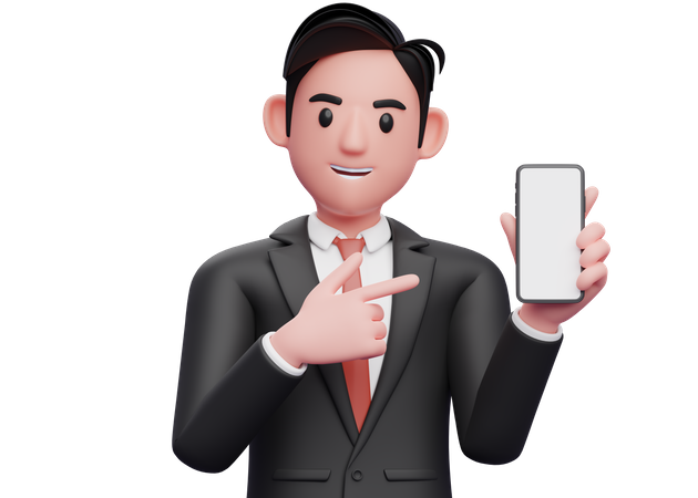 Geschäftsmann im schwarzen Anzug hält und zeigt auf den Telefonbildschirm  3D Illustration