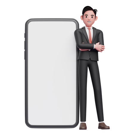 Geschäftsmann im schwarzen Anzug verschränkt die Arme und lehnt sich auf ein Mobiltelefon mit großem weißen Bildschirm  3D Illustration