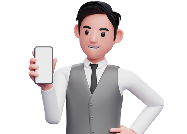 Geschäftsmann in grauer Büroweste hält und blickt auf das Telefon und die linke Hand auf der Taille  3D Illustration