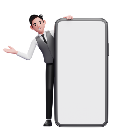 Geschäftsmann in grauer Büroweste kommt mit offenen Händen hinter einem großen Telefon hervor  3D Illustration