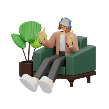 Girl listening song on couch  3D Illustration