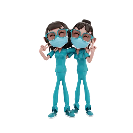 Happy Female Nurses showing victory sign  3D Illustration