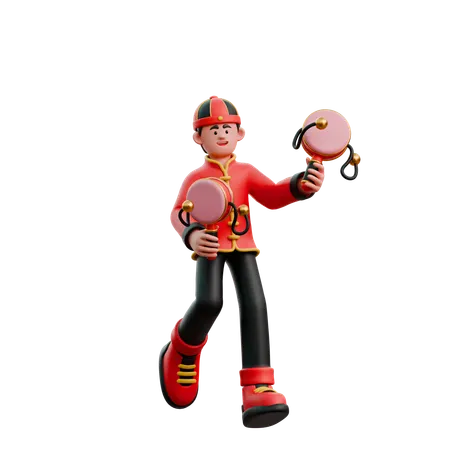 Homem chinês brincando com brinquedos chineses  3D Illustration