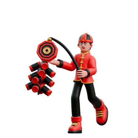 Homem chinês brincando com fogos de artifício  3D Illustration