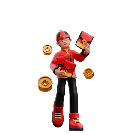 Homem chinês distribuindo envelopes vermelhos  3D Illustration