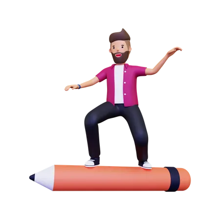 Homem Em Pé Sobre Um Lápis Grande  3D Illustration