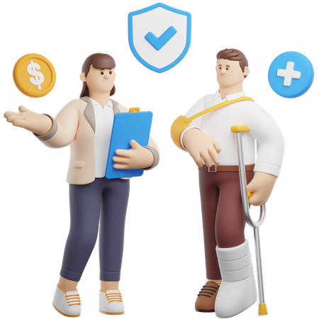 Insurance Coverage to an Injured Man with Bandages and Crutches  3D Illustration