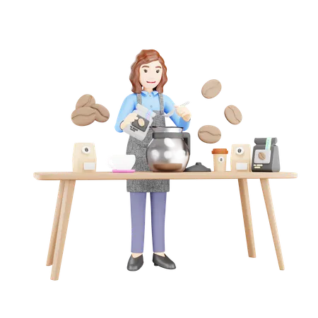 A moça está fazendo café no jarro de café  3D Illustration