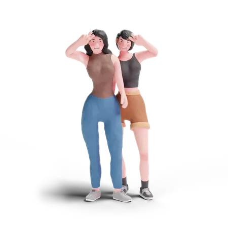 Long haired and short hair girl making peace sign hand gesture  3D Illustration