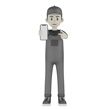 Mecânico apontando celular  3D Illustration