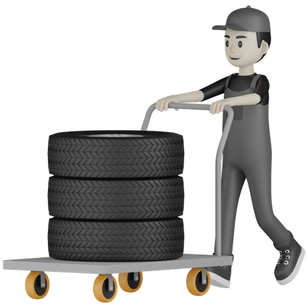 Mechanic Pushing Wheel Trolly  3D Illustration