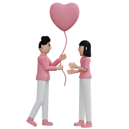 Menino dando balão de coração para menina  3D Illustration