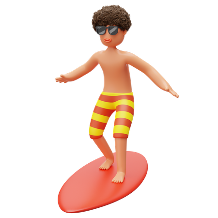 Menino surfando na praia  3D Illustration