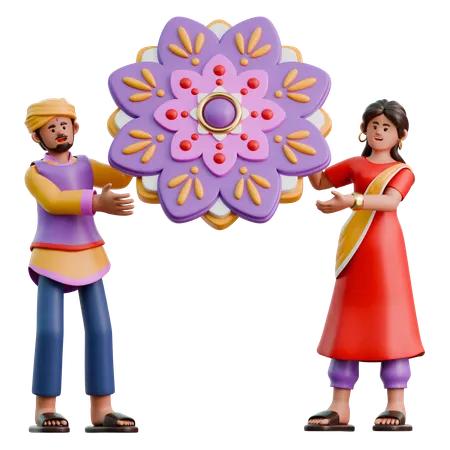Mulher e homem indianos decorados Rangoli  3D Illustration