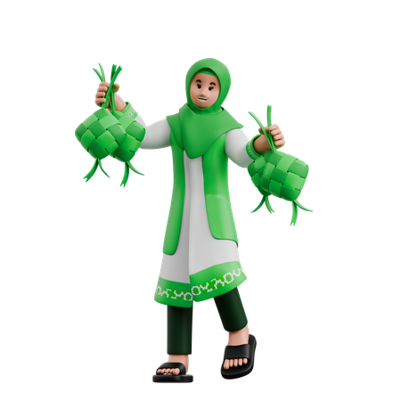 Mulher muçulmana carregando ketupat  3D Illustration