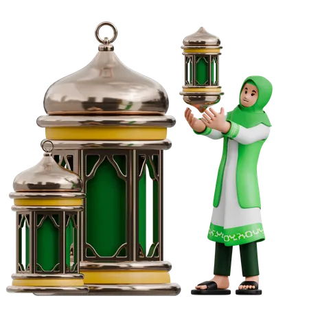 Mulher muçulmana segurando lanternas  3D Illustration