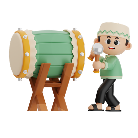 Muslim Boy Playing Drum Bedug  3D Illustration