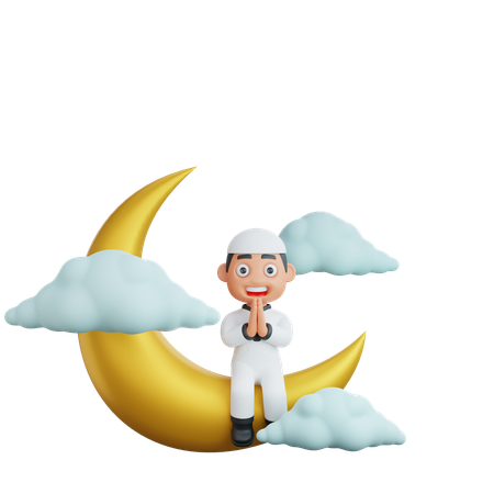 Muslim boy sitting on moon and doing prayer  3D Illustration