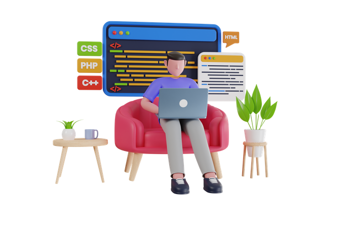 Programmeur professionnel écrivant du code pour tester des logiciels informatiques  3D Illustration