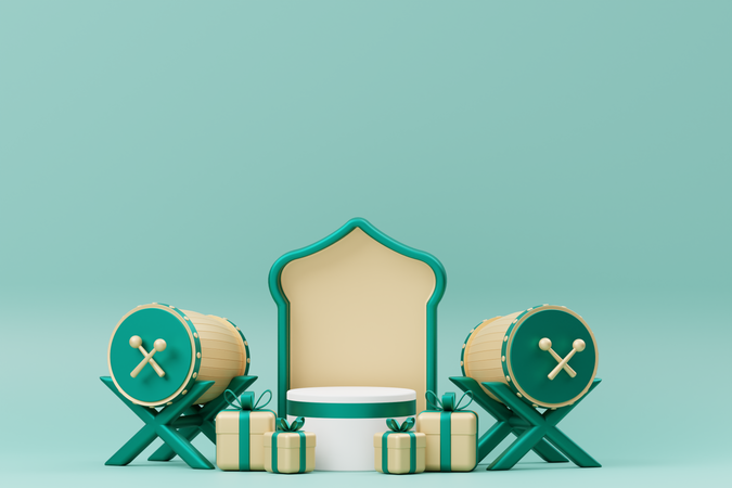 Pódio do Ramadã com bedug e presente  3D Illustration