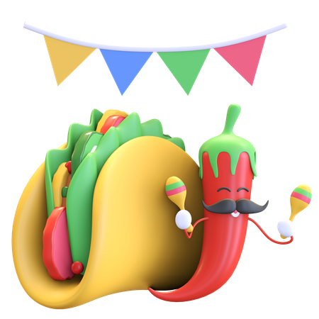 Pimentão vermelho tocando maracas com tacos  3D Illustration