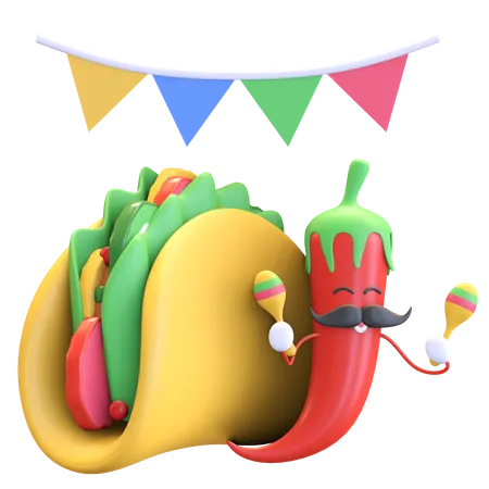 Pimentão vermelho tocando maracas com tacos  3D Illustration