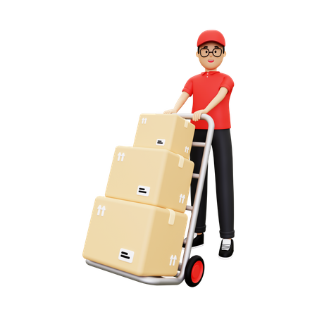 Repartidor empujando carro de paquetes  3D Illustration