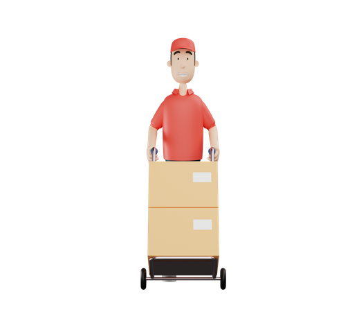 Repartidor empujando carro de paquetes  3D Illustration